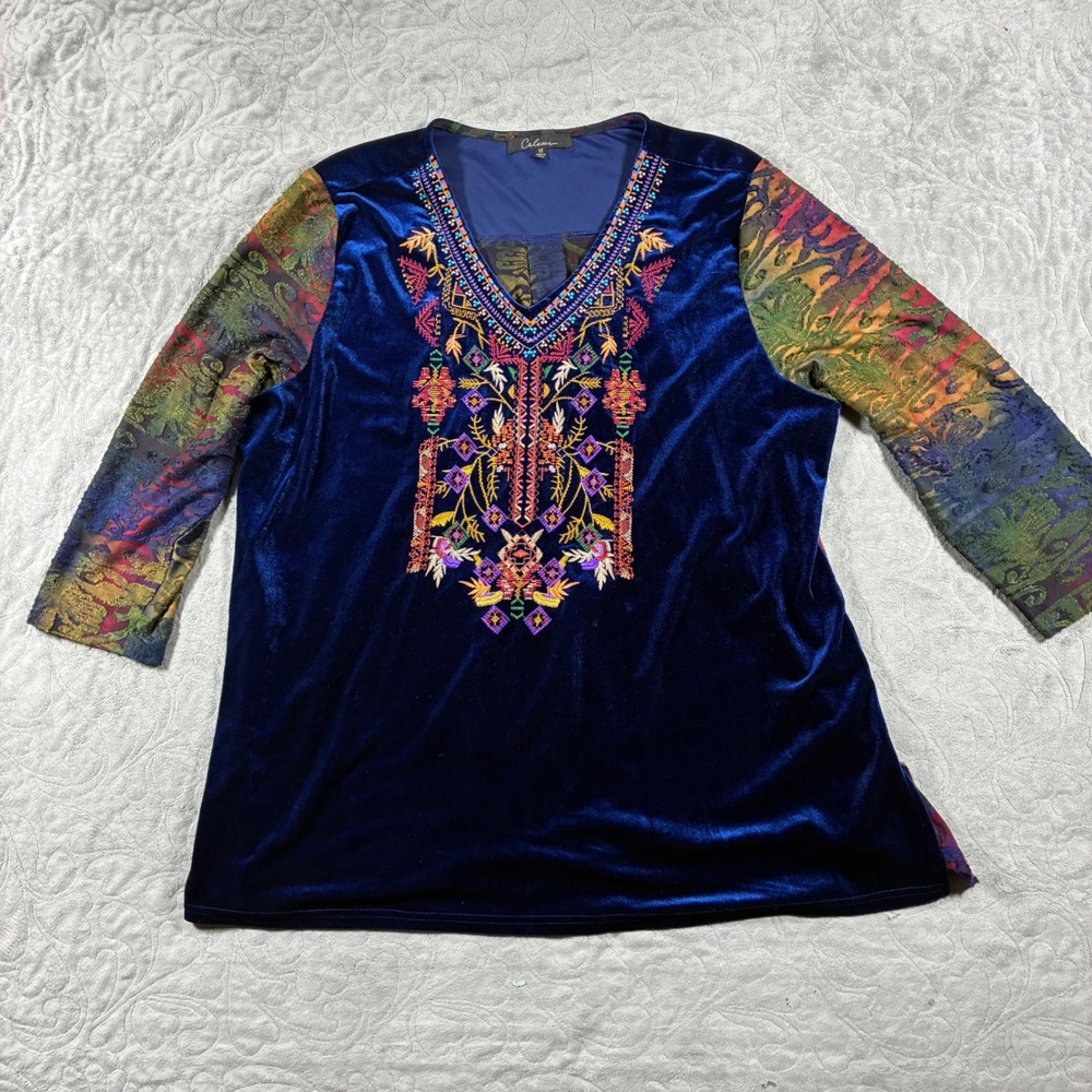 Calessa Velvet Embroidered Burnout Tunic Top Size XL Royal Blue Art to Wear Boho